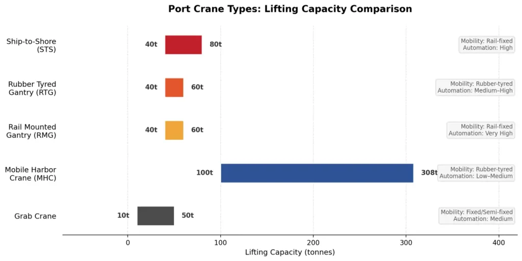 Port crane types comparison by lifting capacity, mobility, and automation potential