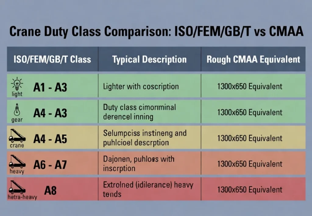 ISO FEM GB/T CMAA crane duty class comparison table