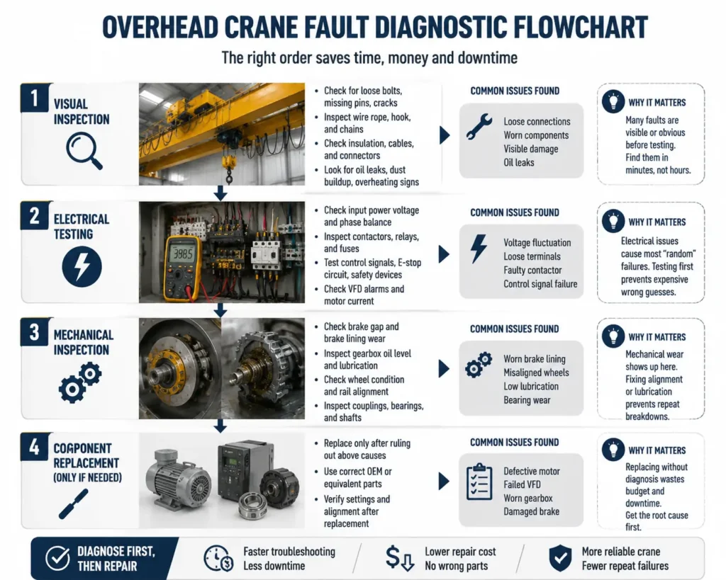 overhead-crane-fault-diagnostic-flowchart-visual-electrical-mechanical-inspection