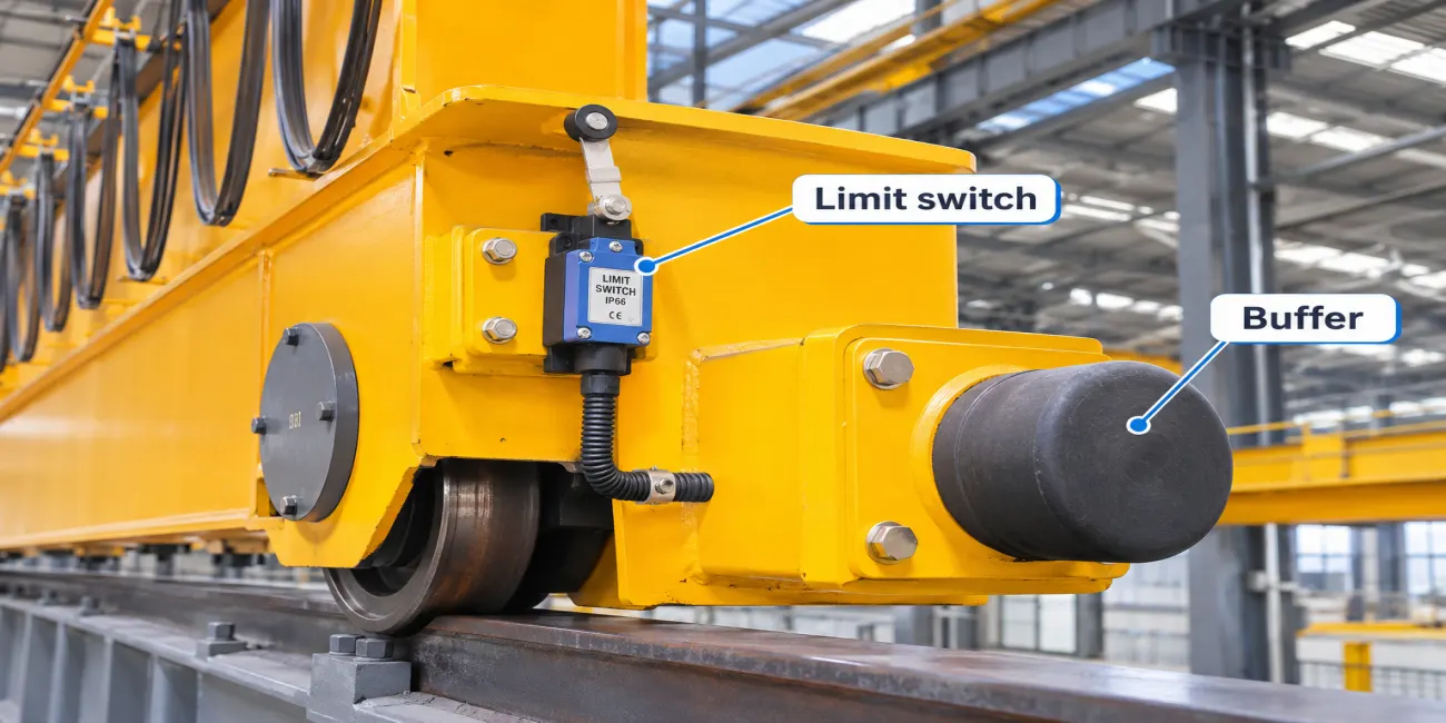overhead-crane-safety-devices-on-bridge-end-carriage-limit-switch-and-buffer