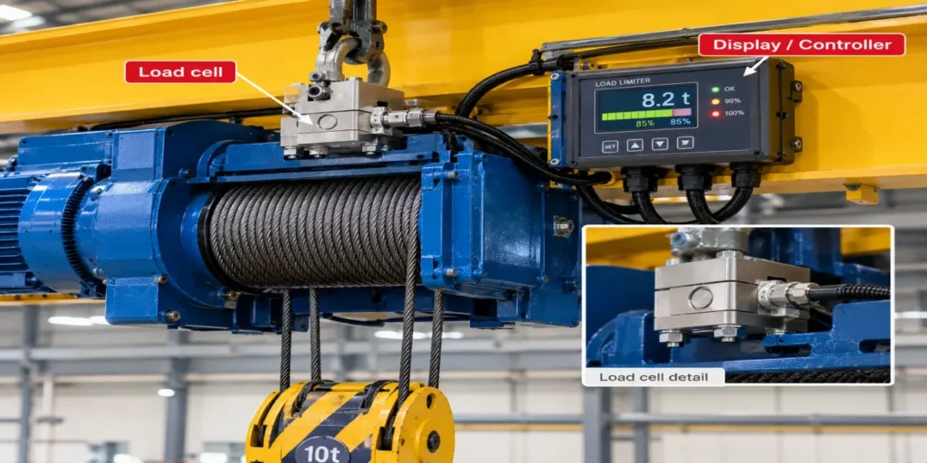 overload-limiter-load-cell-and-display-on-overhead-crane-hoist